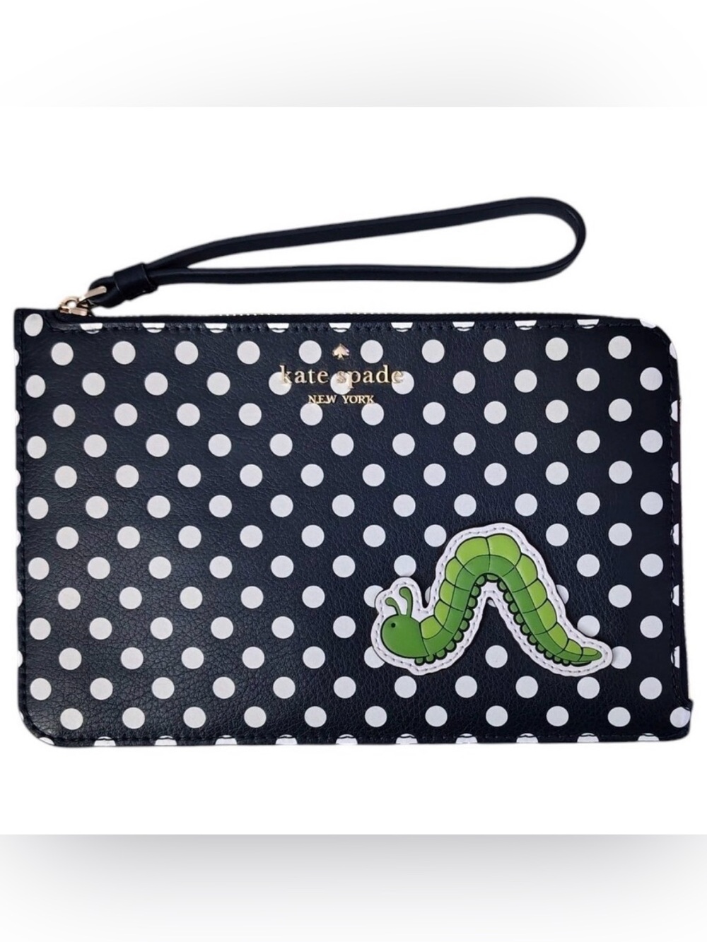 Kate Spade Black & White Polka Dot Medium Wristlet with Green Worm Patch EUC
